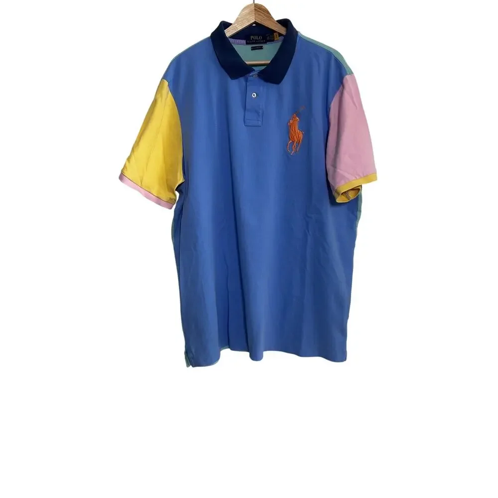 Polo Ralph Lauren Polo Shirt XXL Blue Colorblock Big Pony Logo Cotton Classic